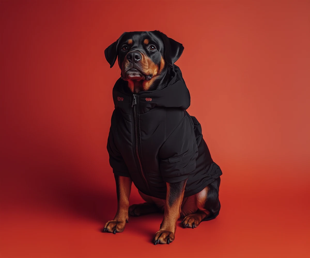 Rottweiler dog wearing a black puffer jacket sitting against an orange background.