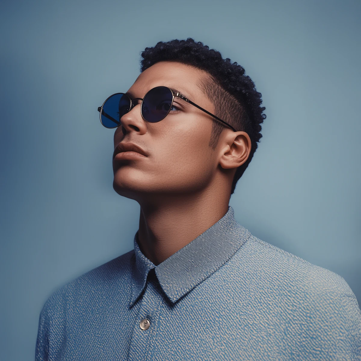 Portrait of a man wearing round dark sunglasses and a light blue textured shirt against a blue background.