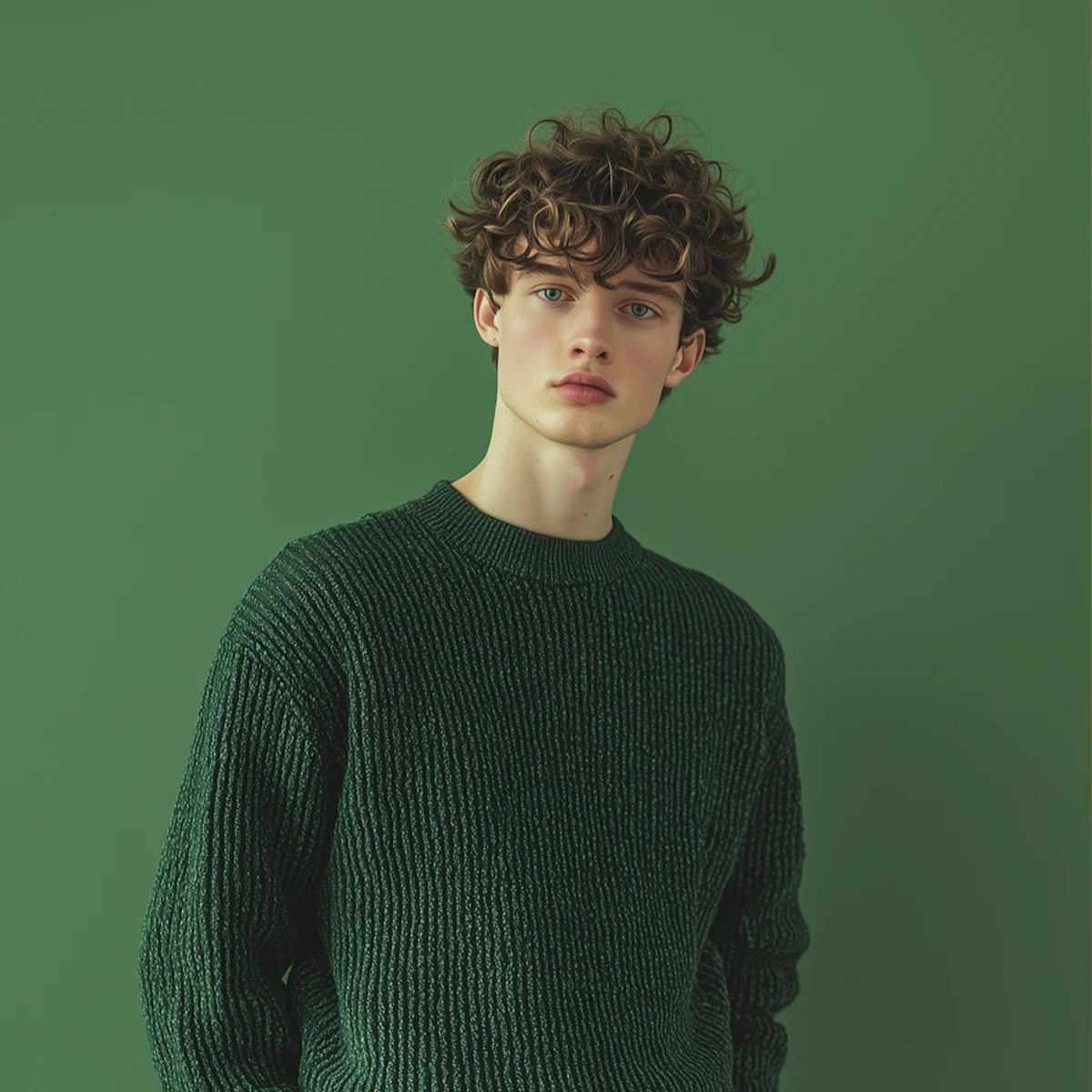 Young man with curly hair wearing a textured dark green sweater against a green background.