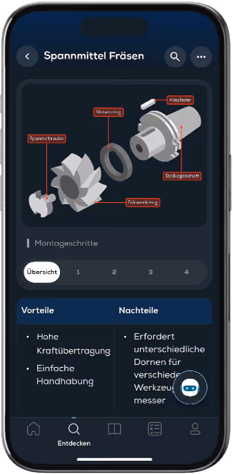 Screenshot der simpleclub App auf einem Smartphone. Zeigt eine technische Lektion zu Spannmitteln beim Fräsen, inklusive detaillierter Explosionszeichnung und Listen der Vor- und Nachteile