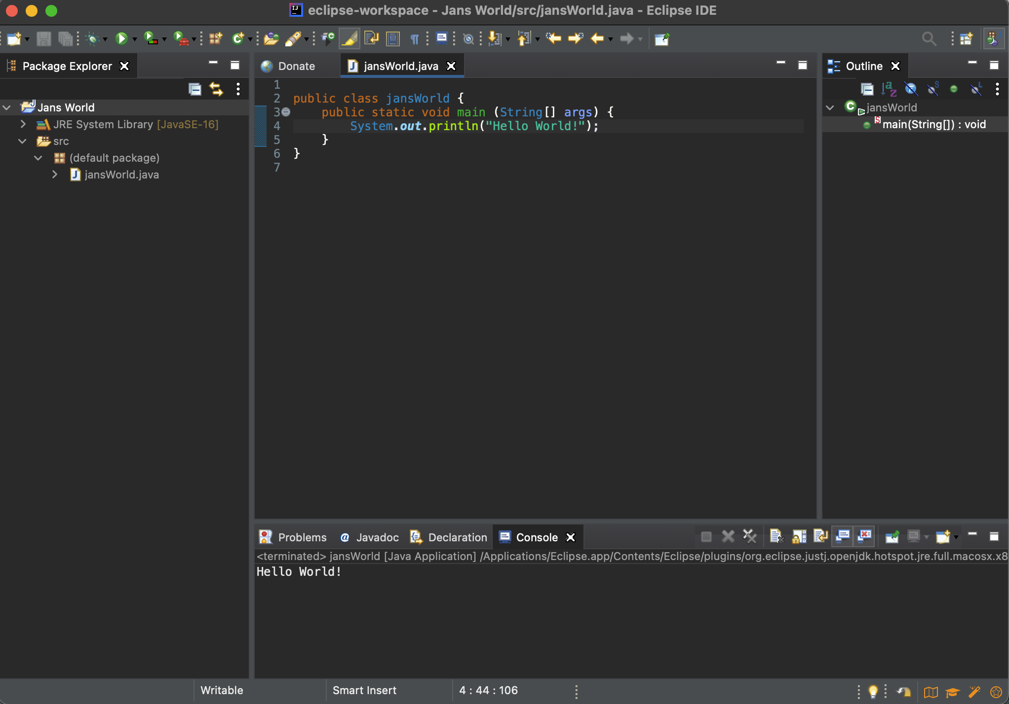 Die IDE Eclipse mit dem geöffneten "Jans World"-Projekt.