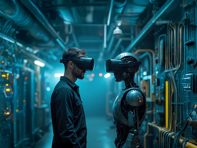 A human and a robot meet in VR in an industrial environment