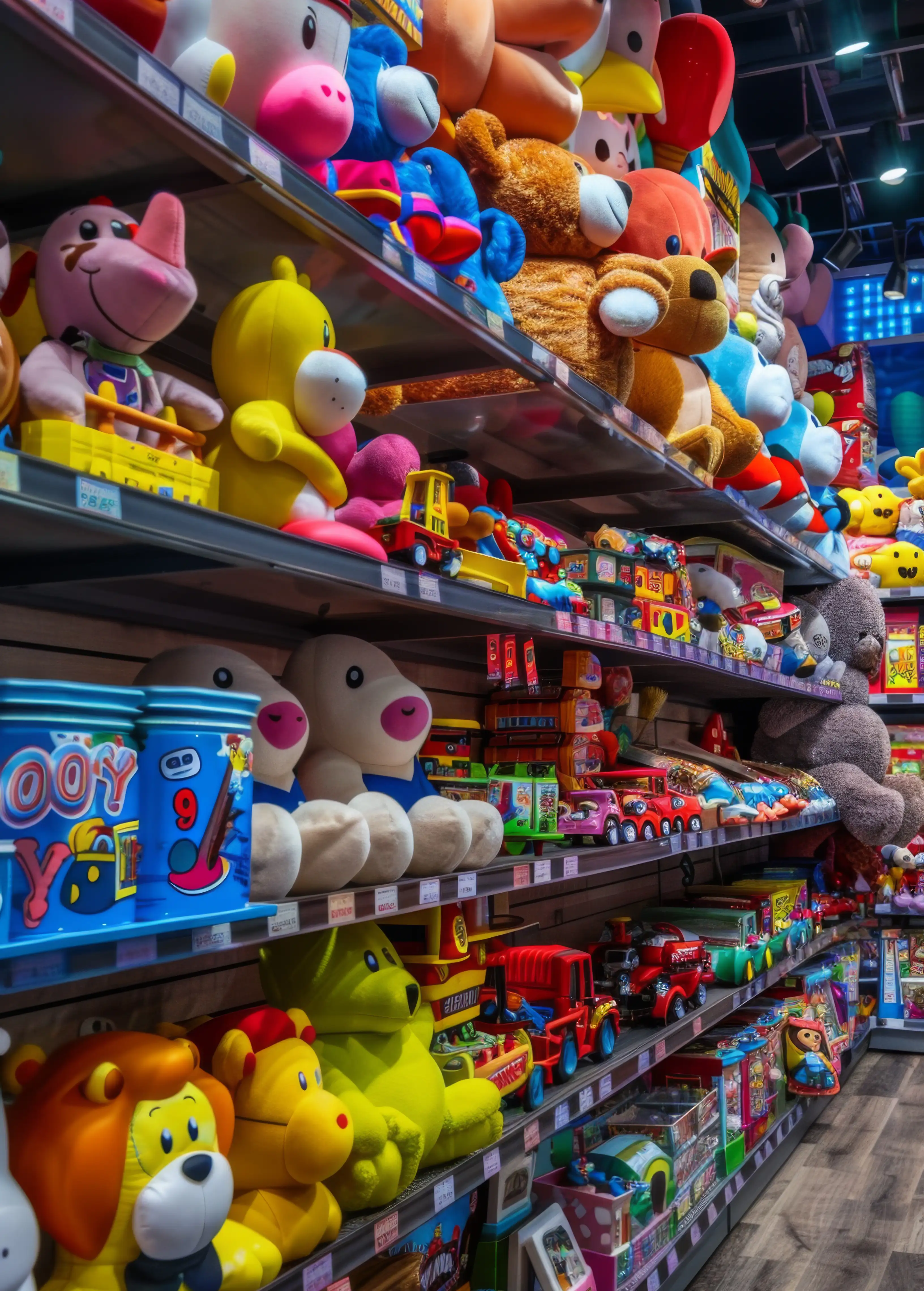 Store shelves filled with colorful plush animals and various toys including trucks, bears, and cartoon characters.