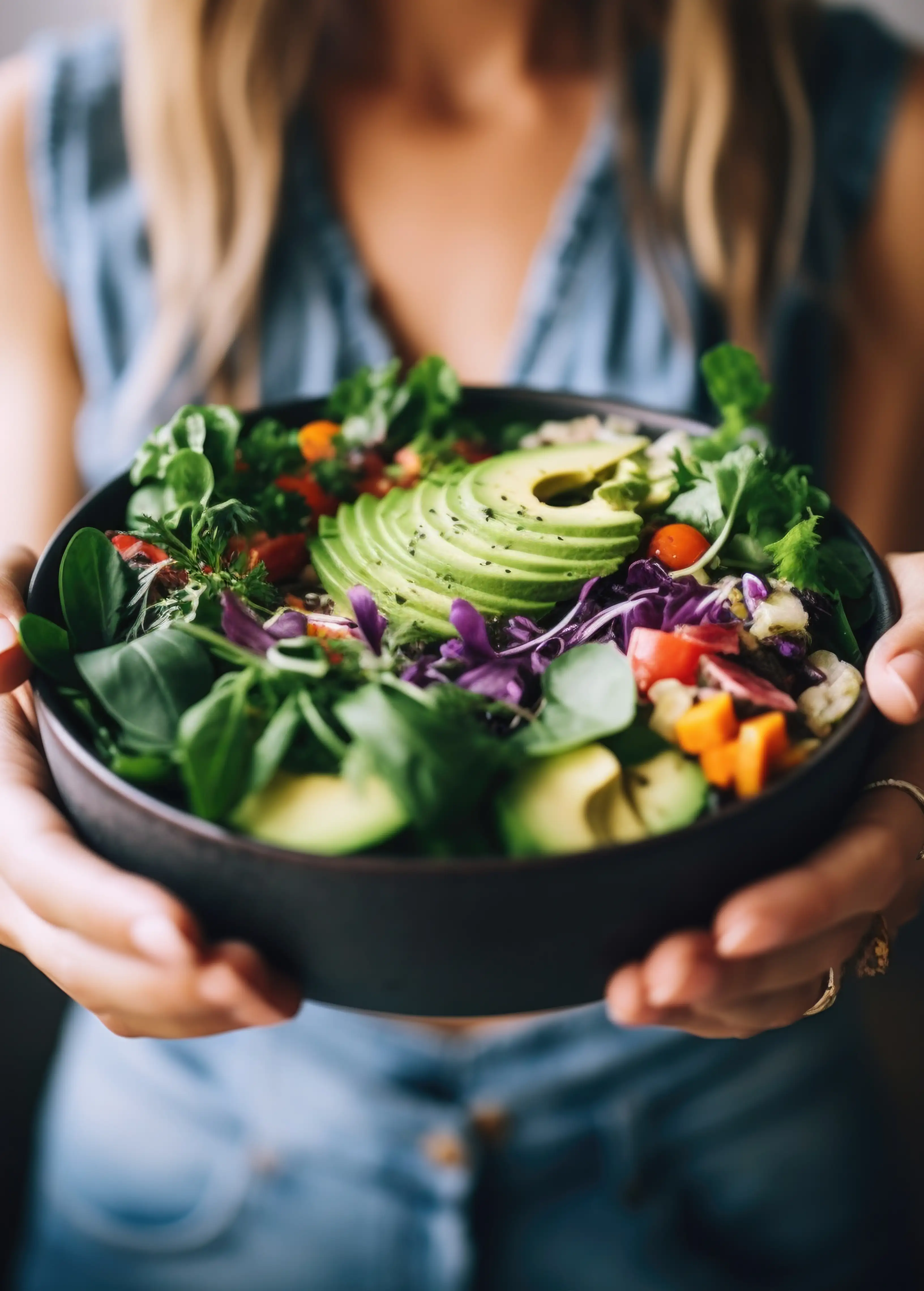 Person holding a bowl of fresh mixed salad with sliced avocado, leafy greens, cherry tomatoes, and purple cabbage.