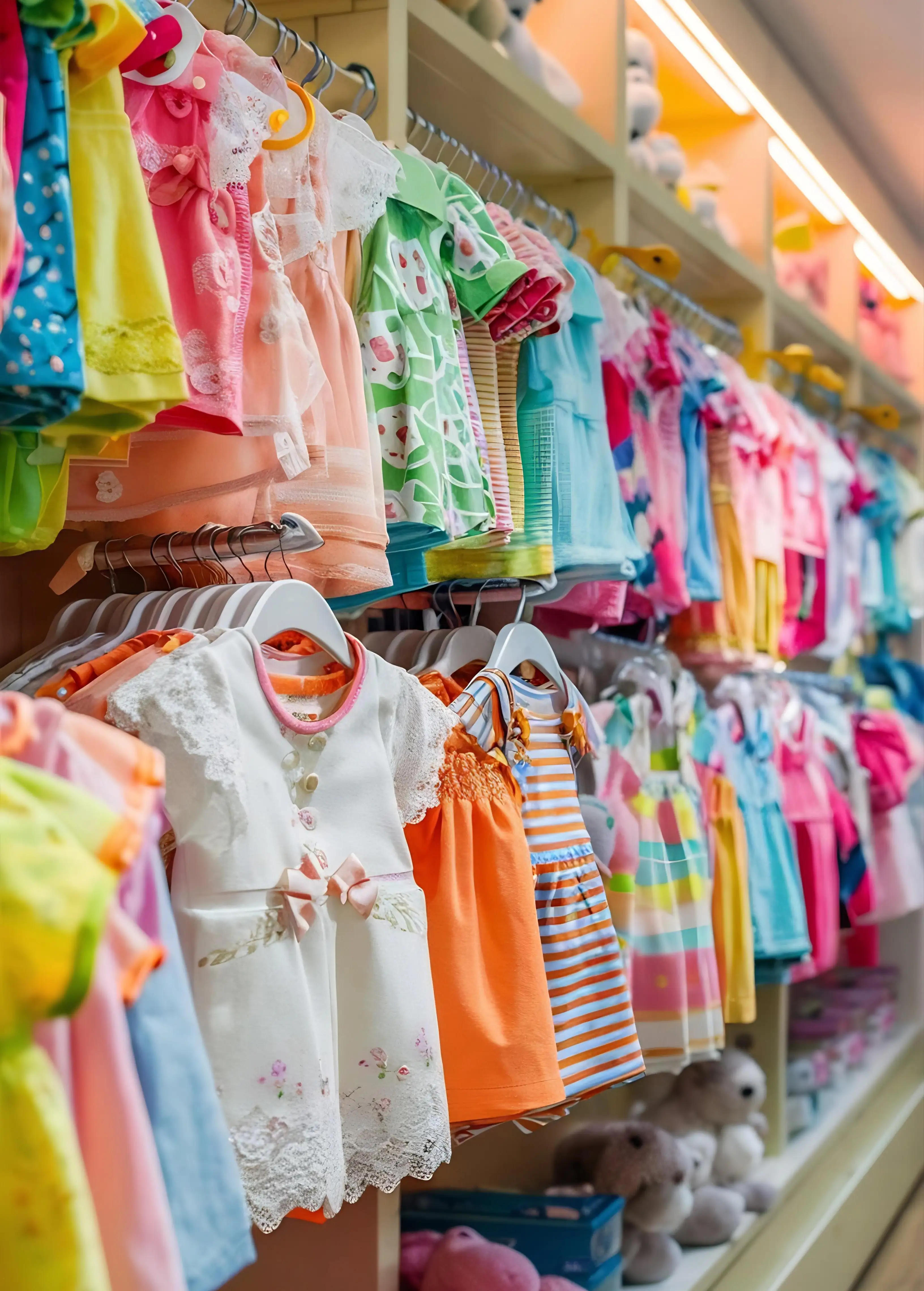 Colorful children's dresses hanging on racks in a store with plush toys on the lower shelves.