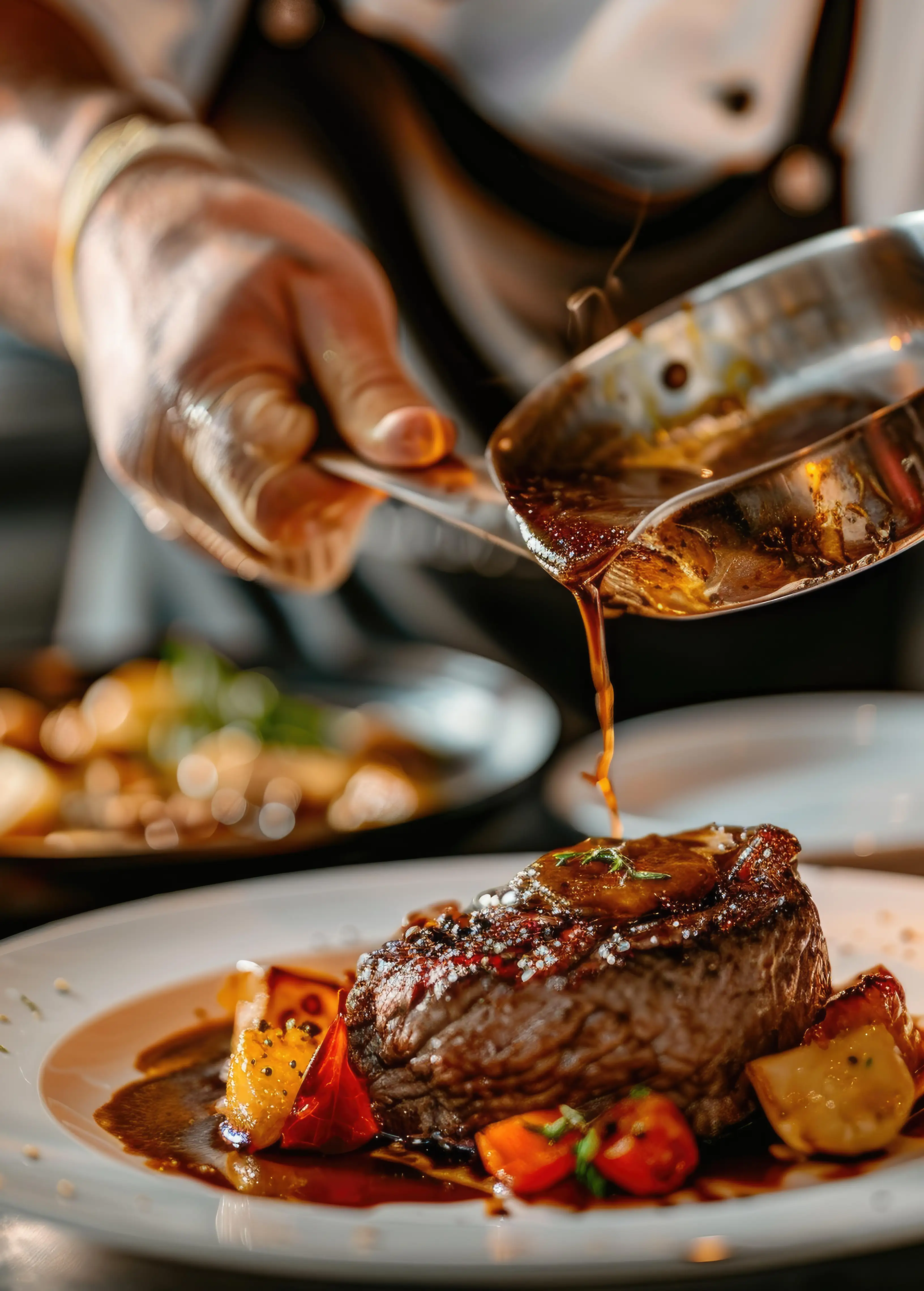 Chef pouring sauce from a small pan onto a plated steak garnished with herbs and vegetables.