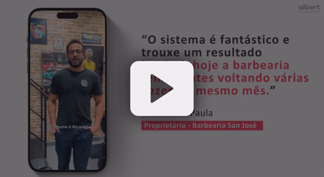 Video thumbnail shows a man standing in a barbershop with a testimonial text in Portuguese about a system's great results and increased client return, attributed to Ricardo Paula, owner of Barbearia San José.