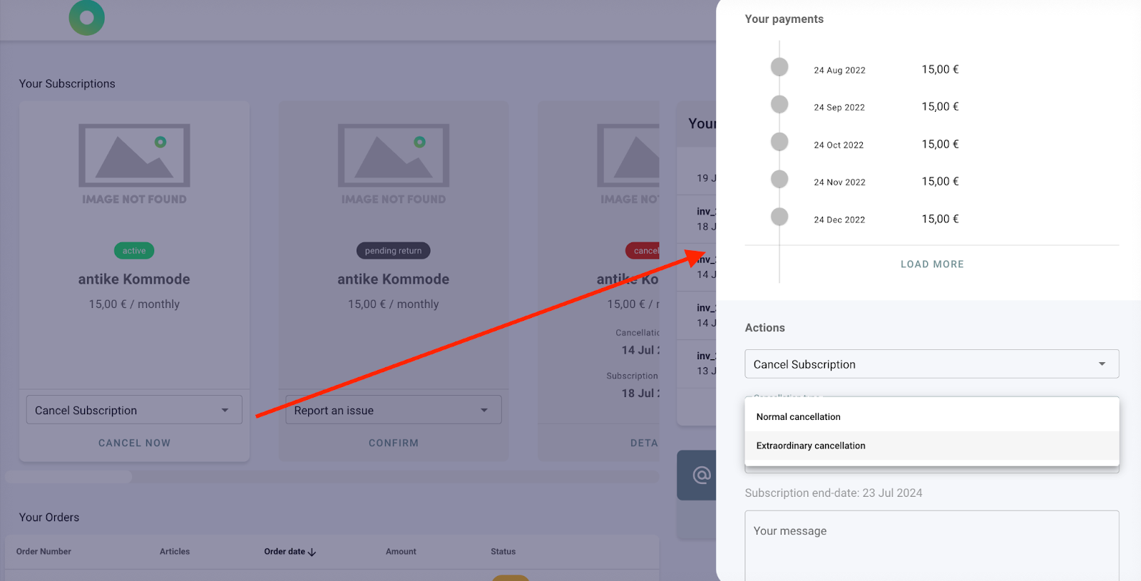 Screenshot of the circuly customer self-service to show the cancellation flow