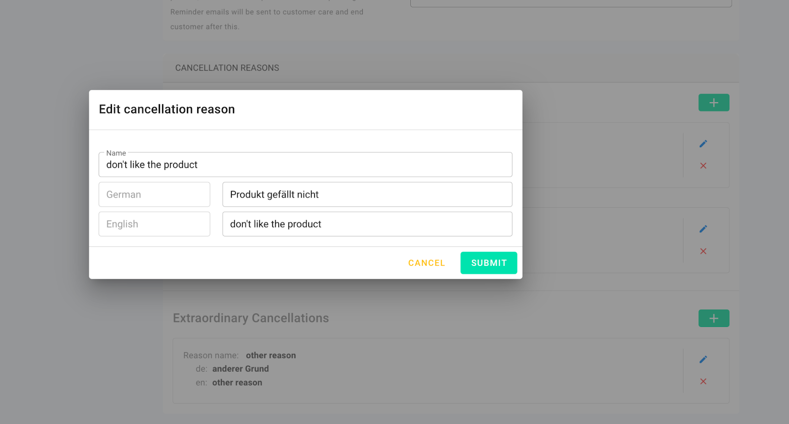 Screenshot of the set up of the cancellation reasons in the circuly operations backend