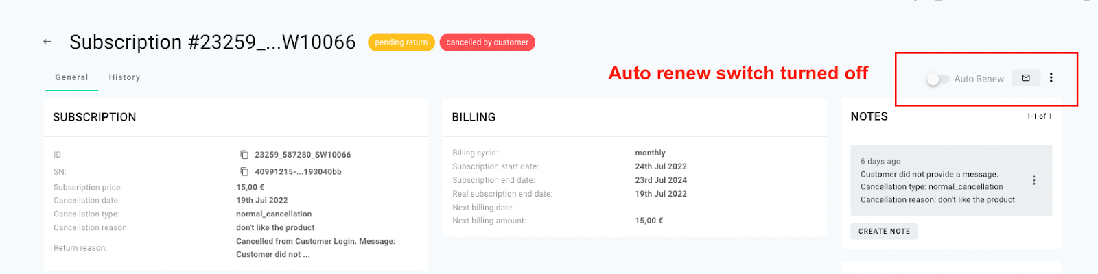 Screenshot of the subscription overview in the circuly operations backend to show the auto renew button switched off