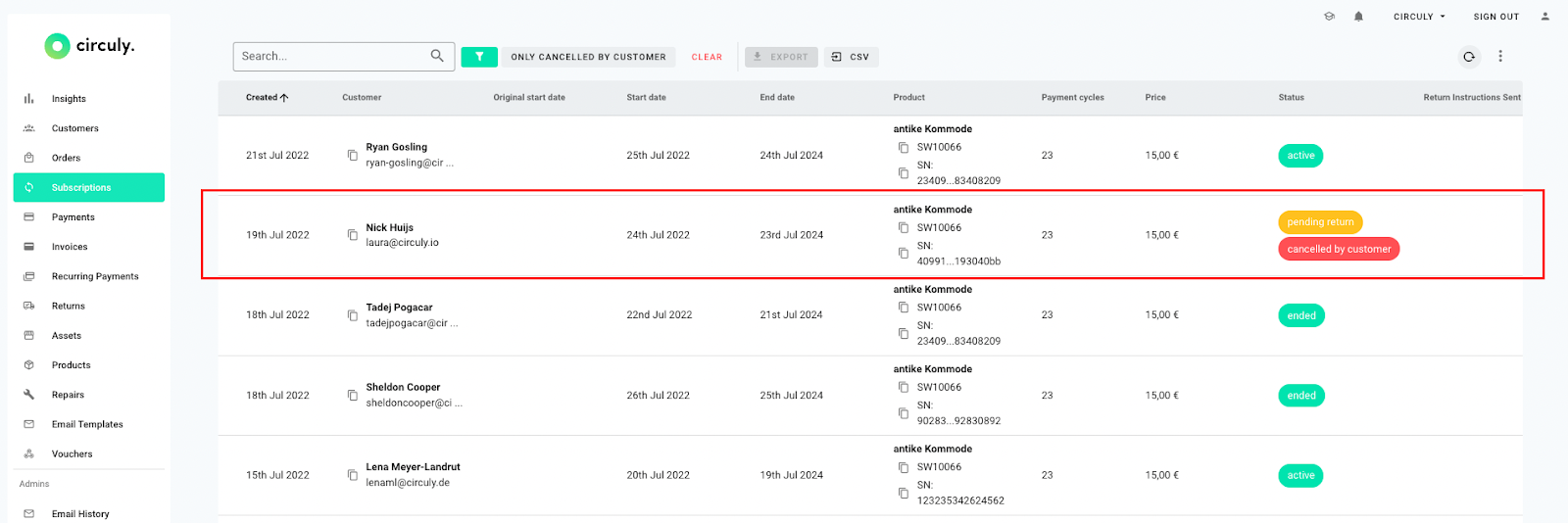 Screenshot of the subscription list in the circuly operations backend to show the status cancelled by customer under status column