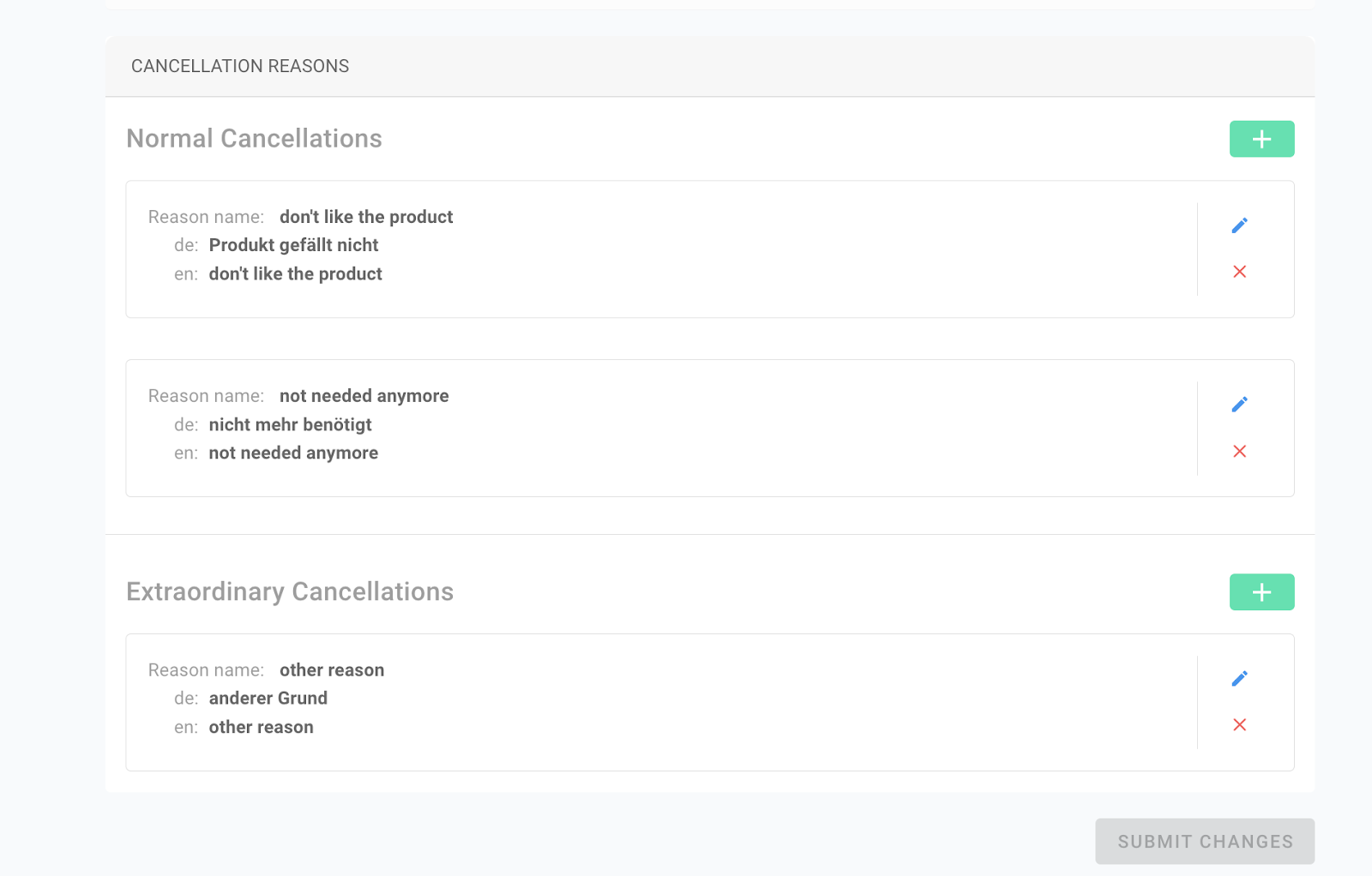 Screenshot of the cancellation reasons setting in the circuly operations backend 