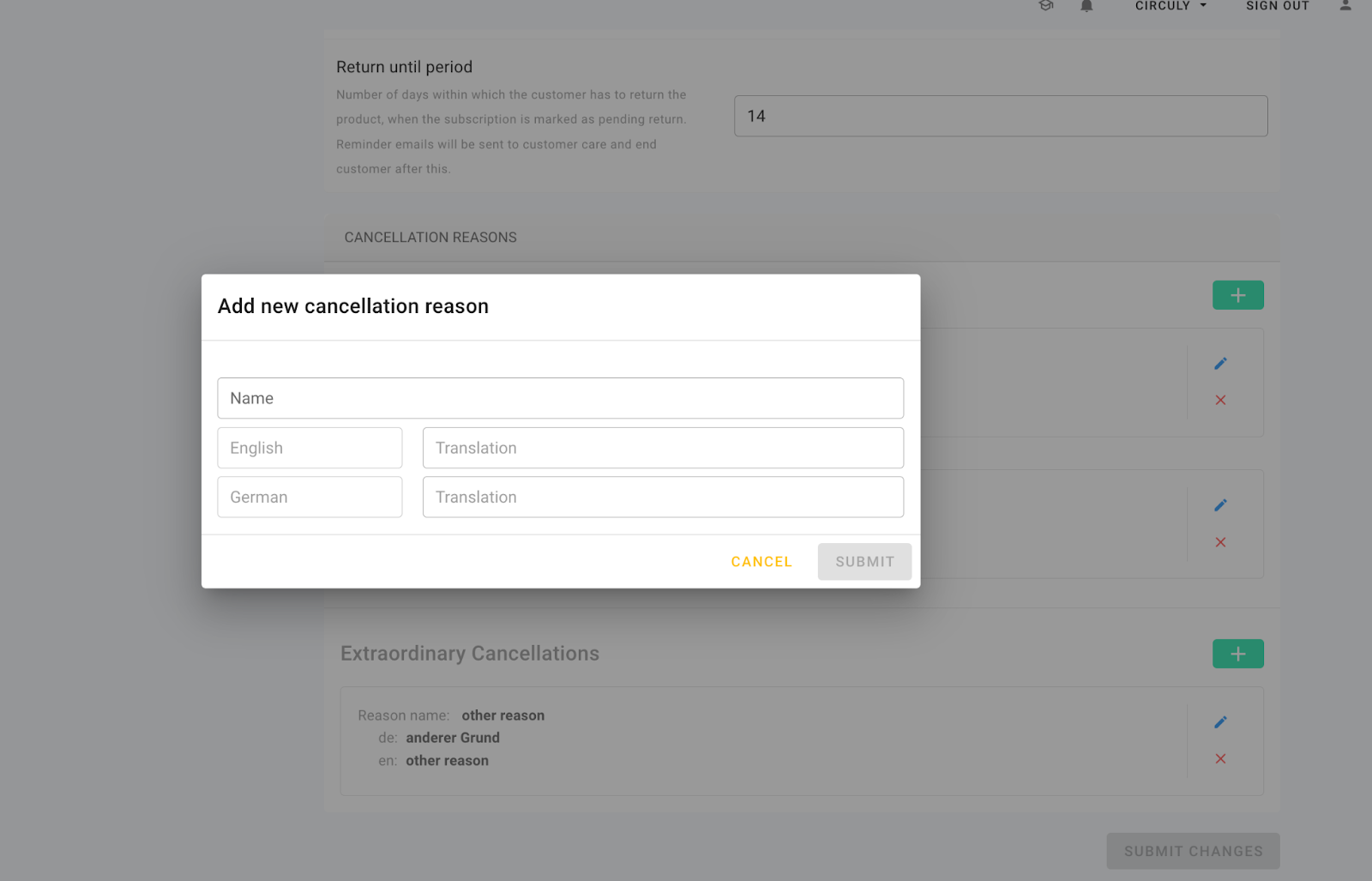 Screenshot of the set up of the cancellation reasons in the circuly operations backend