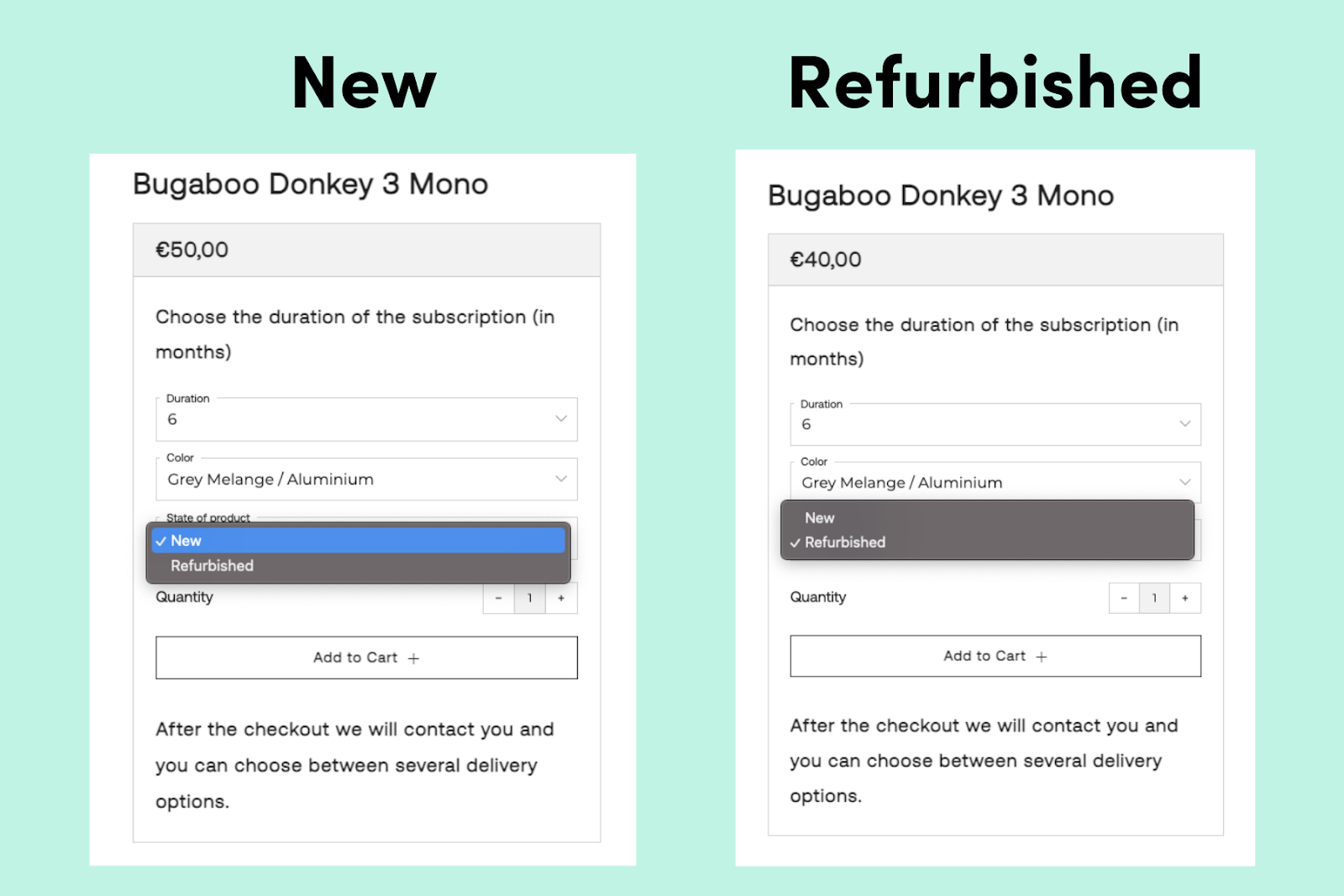 Screenshot of different options for subscription plans on the Bugaboo product page