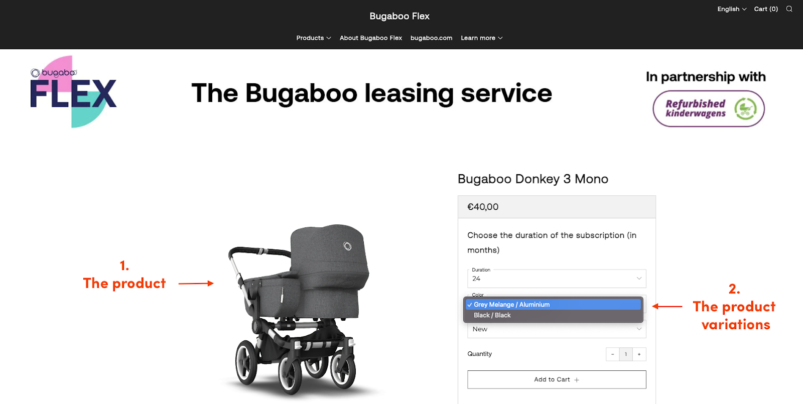 Screenshot of circuly customer Bugaboo to show the subscription plans on their product page