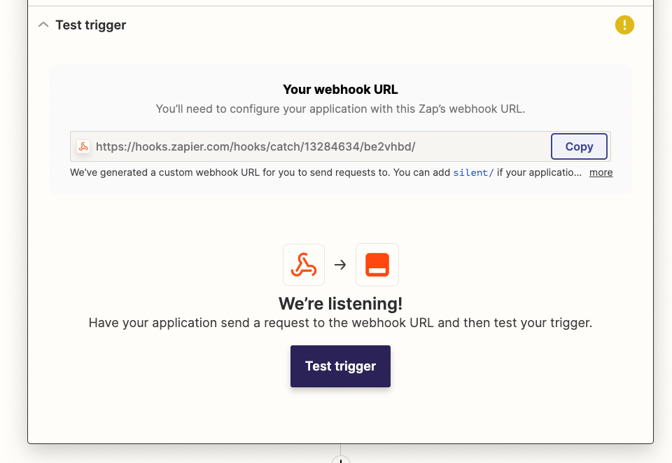 screenshot of zapier to test the connection with webhooks 