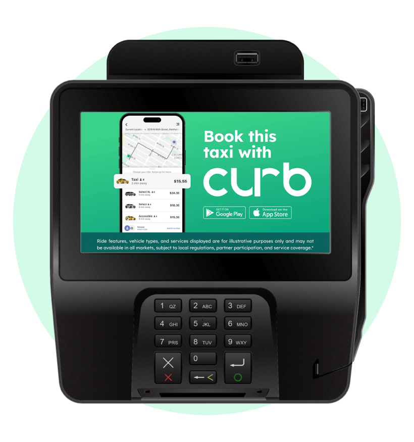 Screen Card terminal over a Pale green circle.