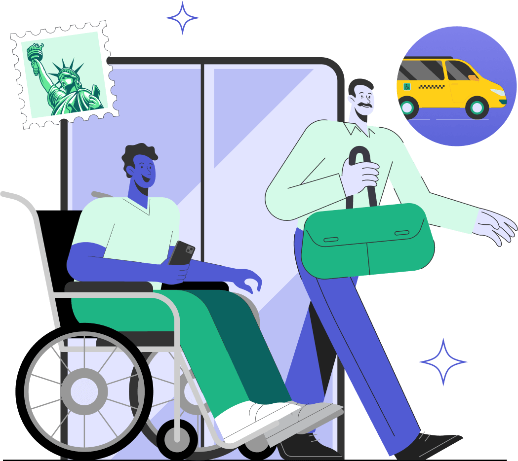 Illustrated scene of a person in a wheelchair and a standing companion waiting, with a yellow accessible taxi approaching.