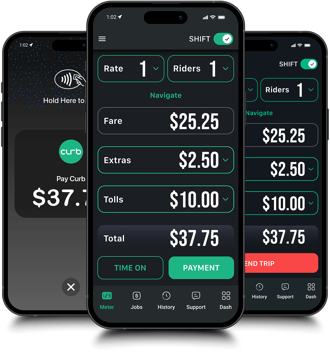 Image of three smartphones showing different UI of the Curb One app.