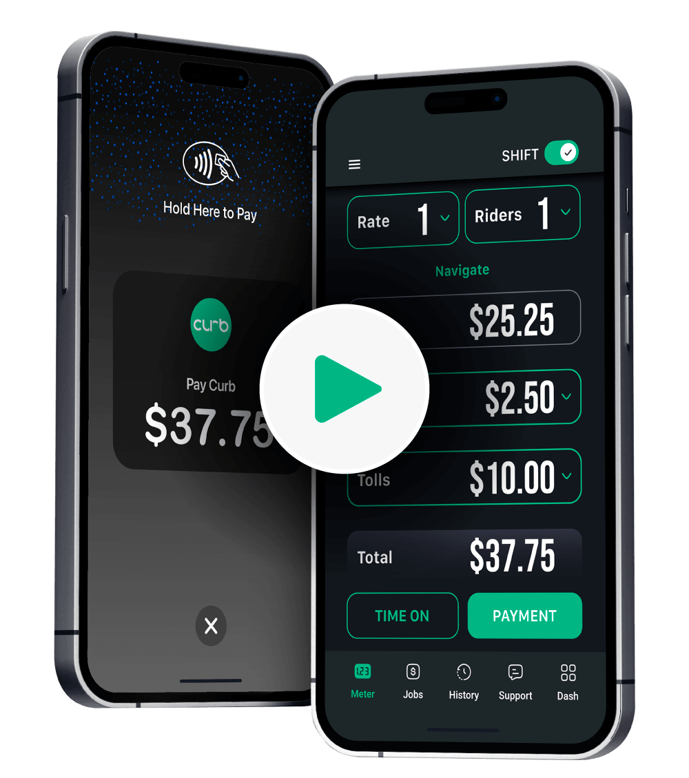 Image of two full smartphones showing different UI of the Curb One app with a play button on top