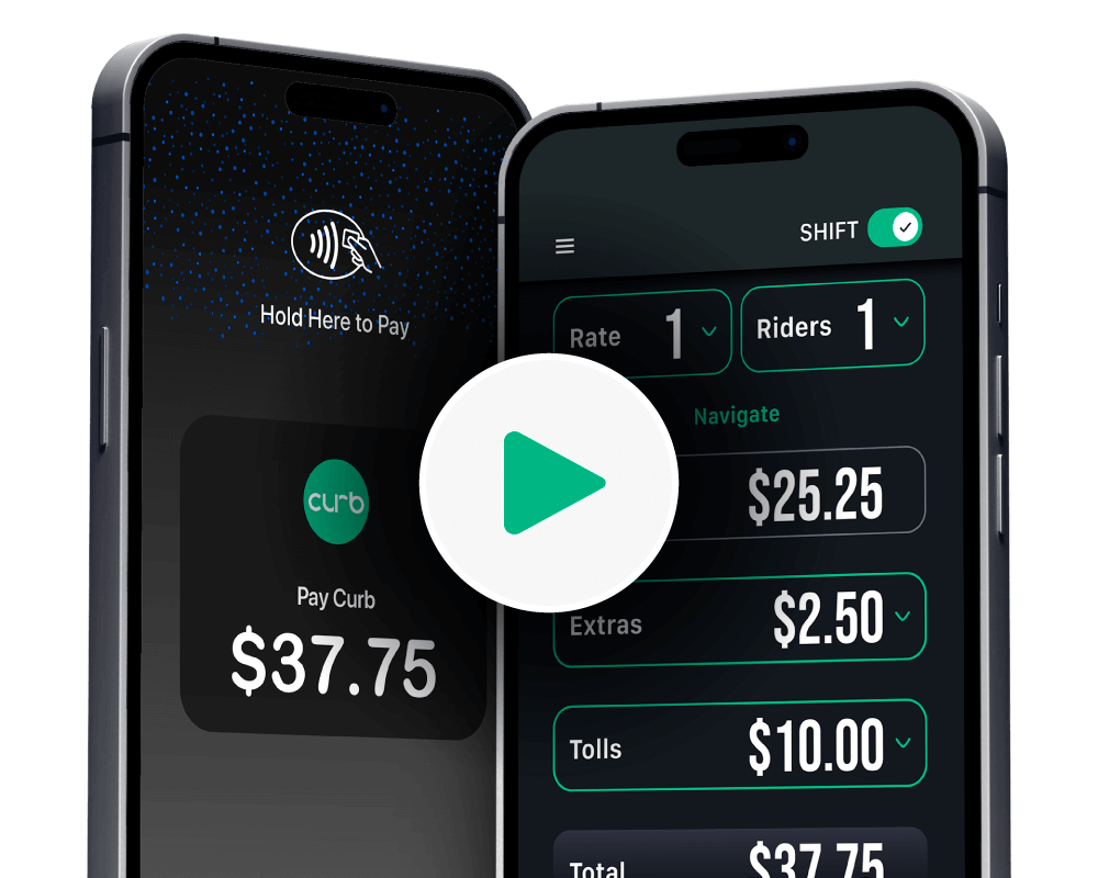 Image of two smartphones showing different UI of the Curb One app with a play button on top