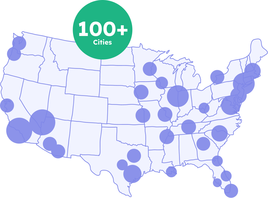 USA Map vector graphic in light purple tones with a green circle on top that contains the text 65 plus cities