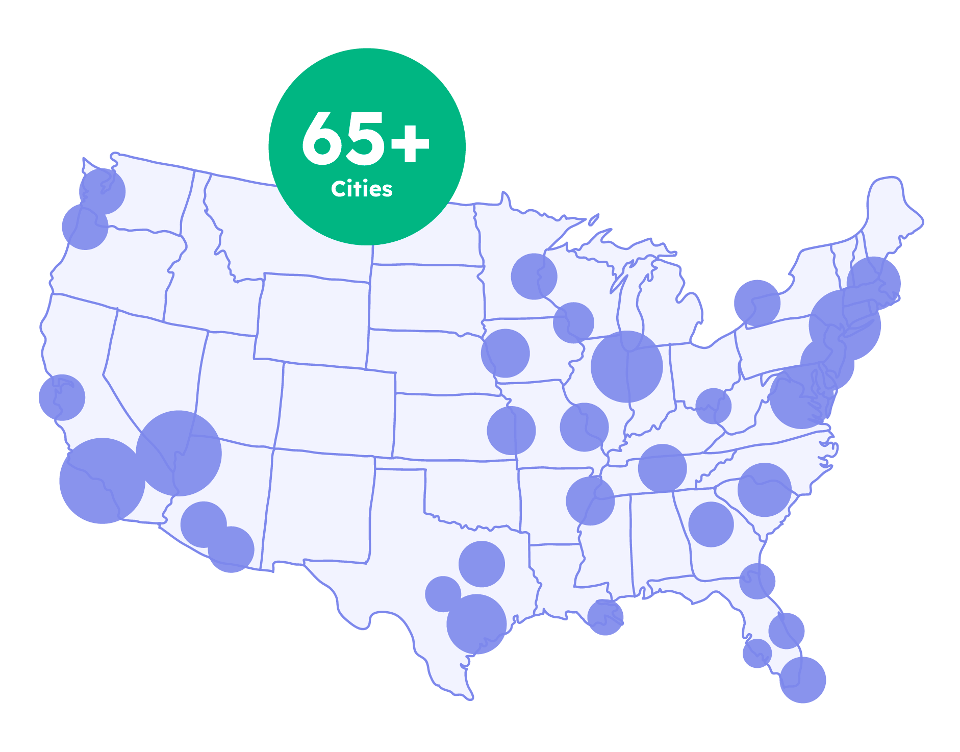 USA Map vector graphic in light purple tones with a green circle on top that contains the text 65 plus cities