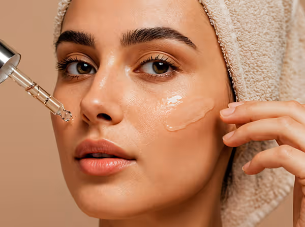 Woman with towel headband applying serum on her cheek using a dropper.