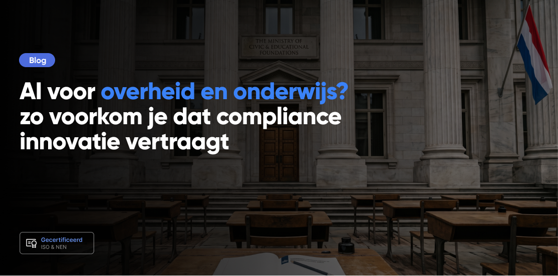 AI voor overheid en onderwijs - compliance en innovatie bij overheidsgebouw met lege schoolbanken
