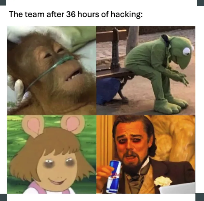 A meme with the banner, "The team after 36 hours of hacking" featuring four funny images.