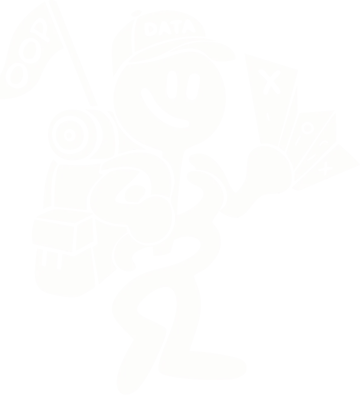 Smiling cartoon figure wearing a baseball cap, carrying a backpack with a flag, and holding three tickets or coupons in one hand.