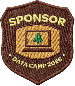 Embroidered brown patch with the word SPONSOR, a computer screen with a green tree, and DATA CAMP 2026 at the bottom.