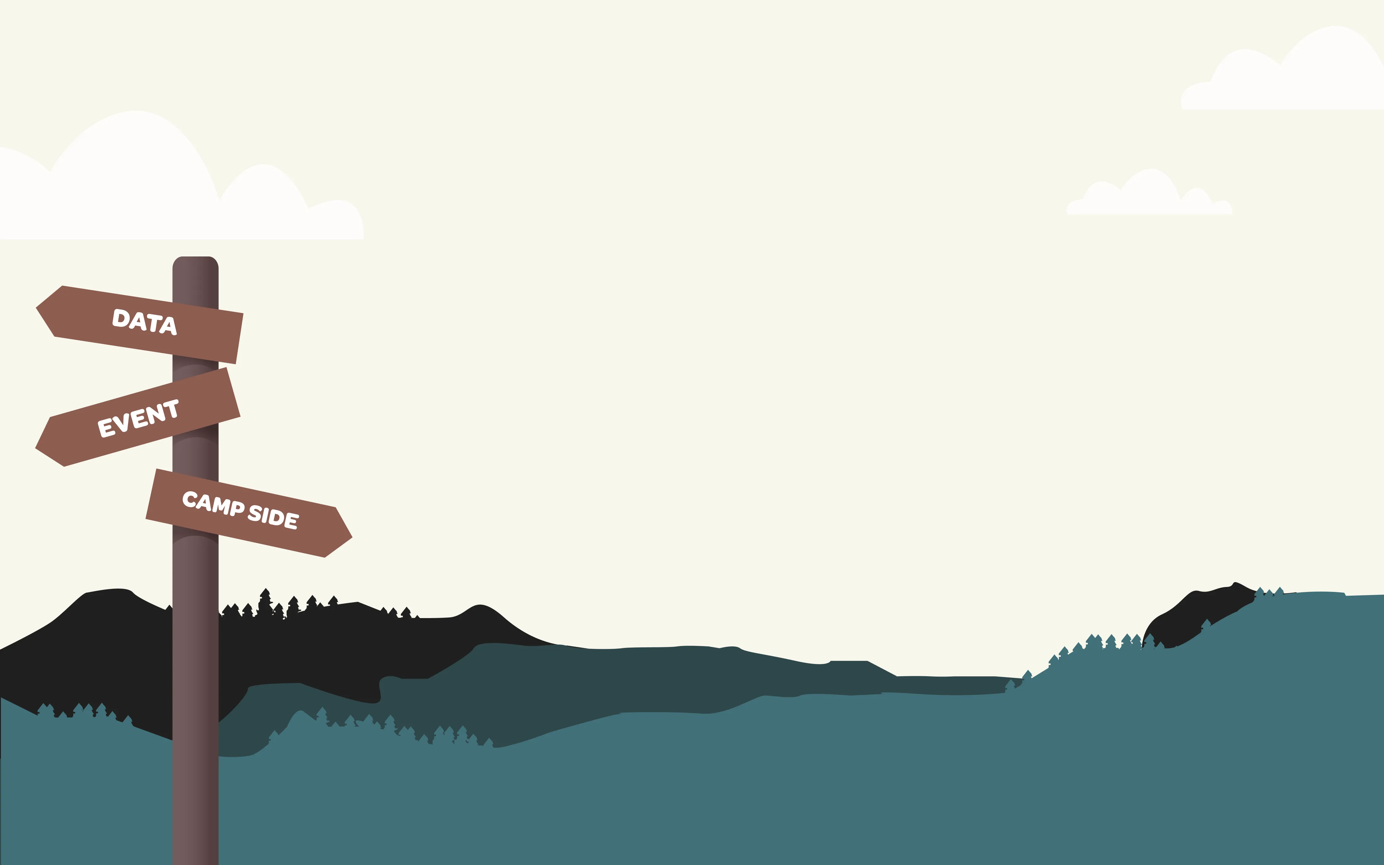 Illustration of a signpost on the left with three brown directional signs labeled Data, Event, and Camp Side, against a backdrop of dark mountain silhouettes and a pale sky with clouds.