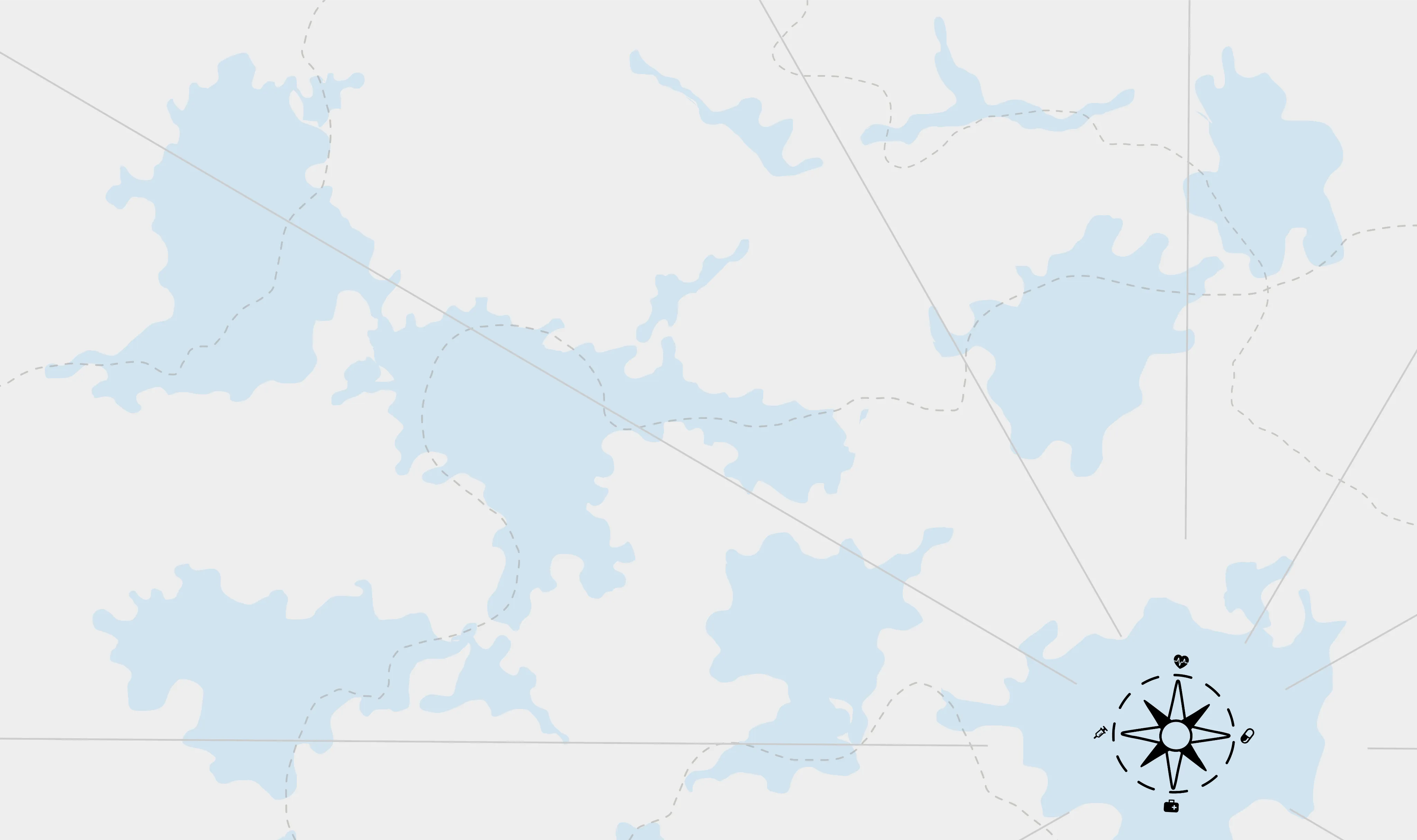 Map highlighting multiple blue lake shapes connected by dashed lines with a black compass in the lower right.