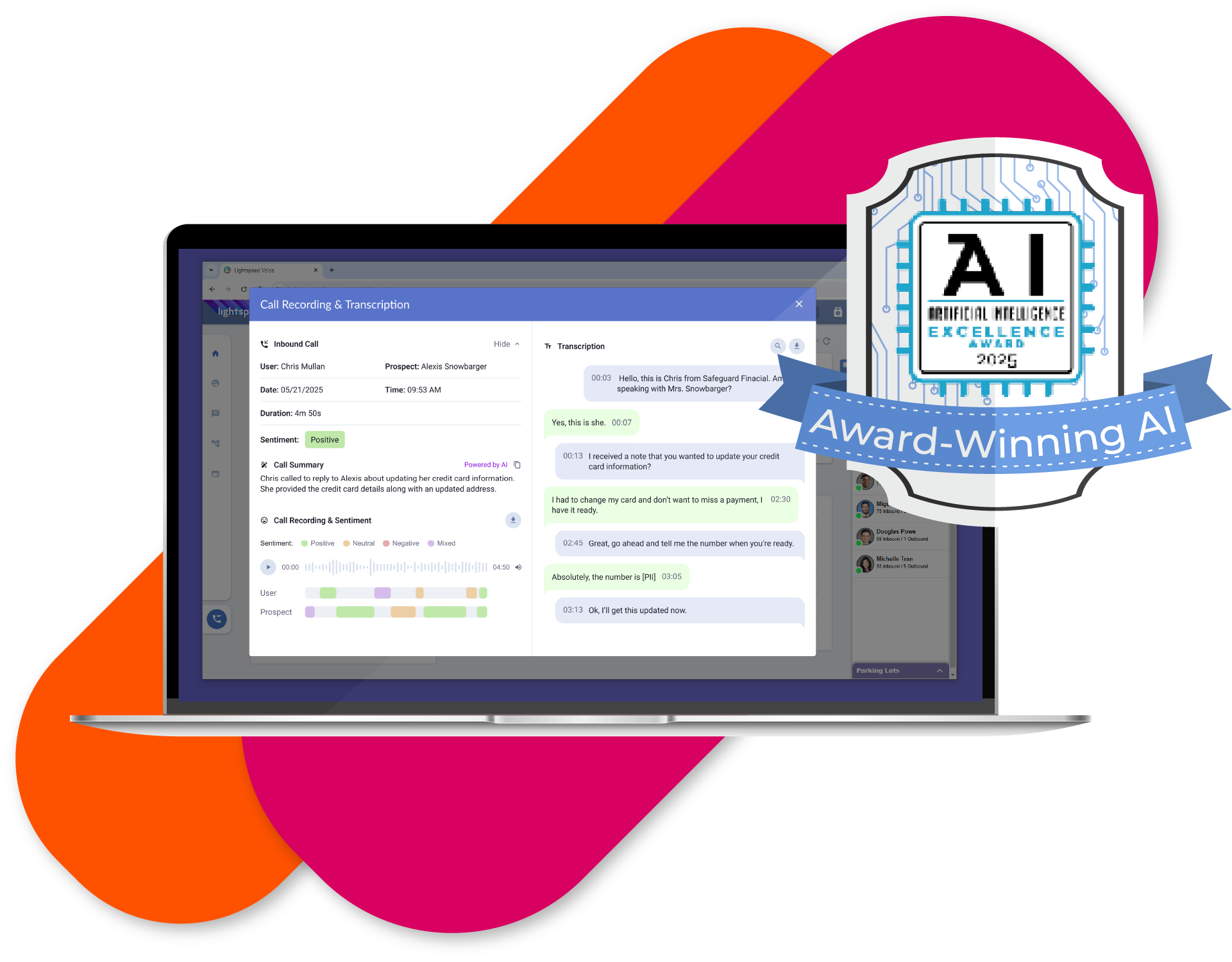 Laptop with NOVA transcription and AI award badge