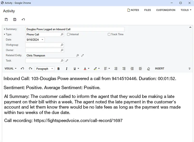 Screenshot of a call activity summary in a CRM system showing details of an inbound phone call by Douglas Powe, including sentiment analysis and AI-generated summary about a late payment agreement.