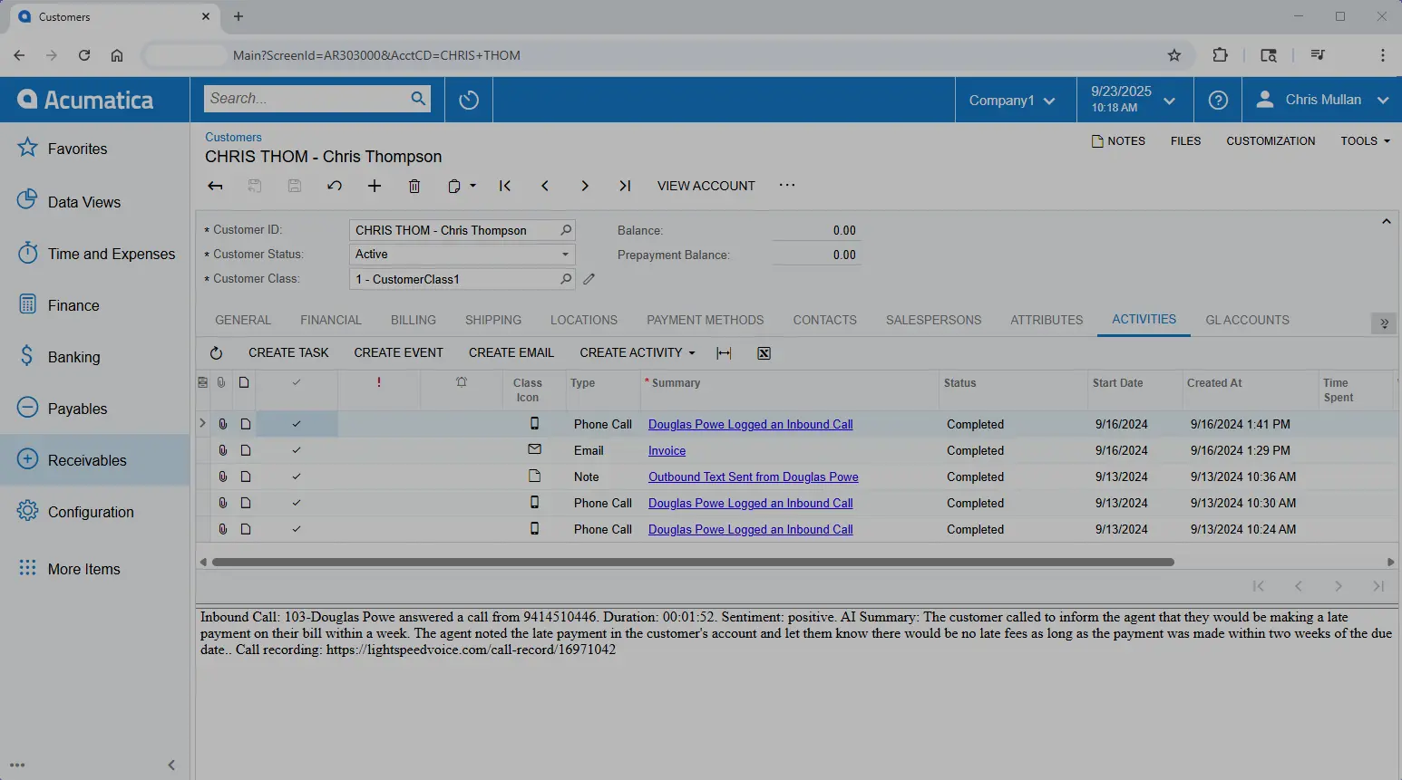 Acumatica CRM interface displaying customer Chris Thompson's account with activities list including phone calls, email, and notes marked completed with dates.