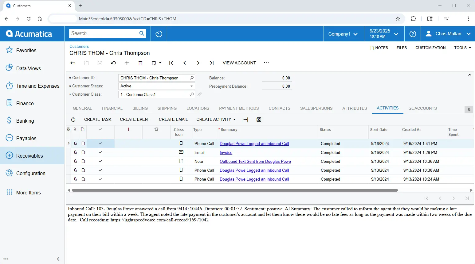 Acumatica customer management screen displaying customer Chris Thompson's details, with activity logs showing phone calls, emails, and notes, including completed inbound calls by Douglas Powe.