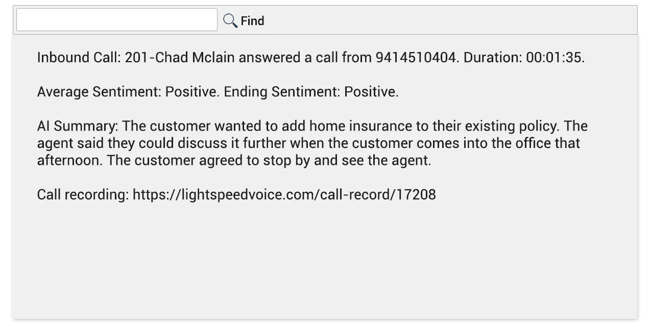 Call summary showing inbound call from Chad Mclain with duration 1 minute 35 seconds, positive sentiment, AI summary about home insurance interest, and a call recording link.