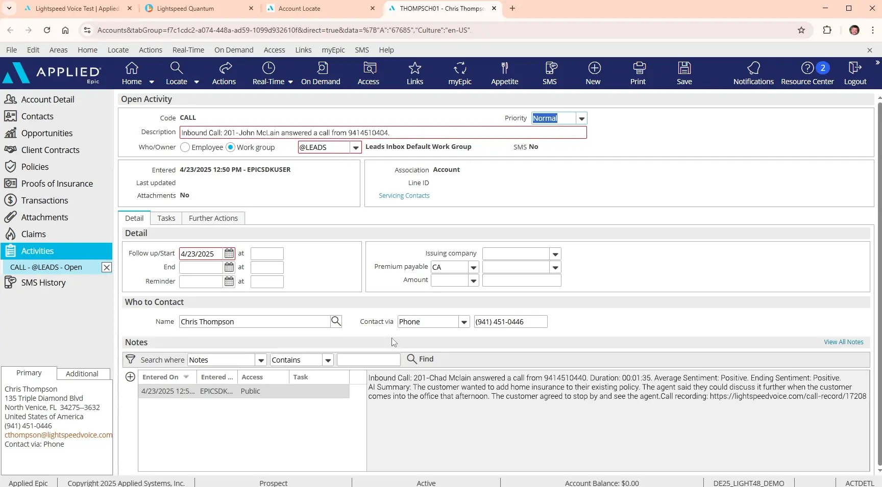 Applied Epic software interface showing an open call activity with details of an inbound call answered by John McLain, contact Chris Thompson, and call notes including sentiment and summary.