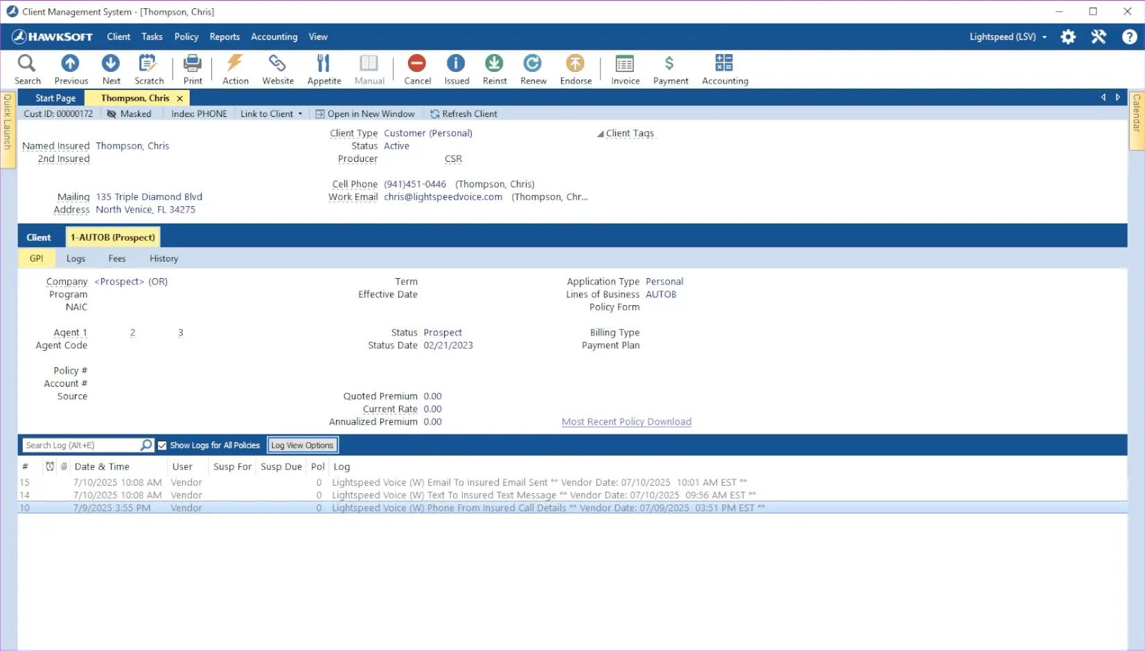 Client Management System interface showing client details for Chris Thompson, including contact info, policy status as prospect, and recent log entries for communication activities.