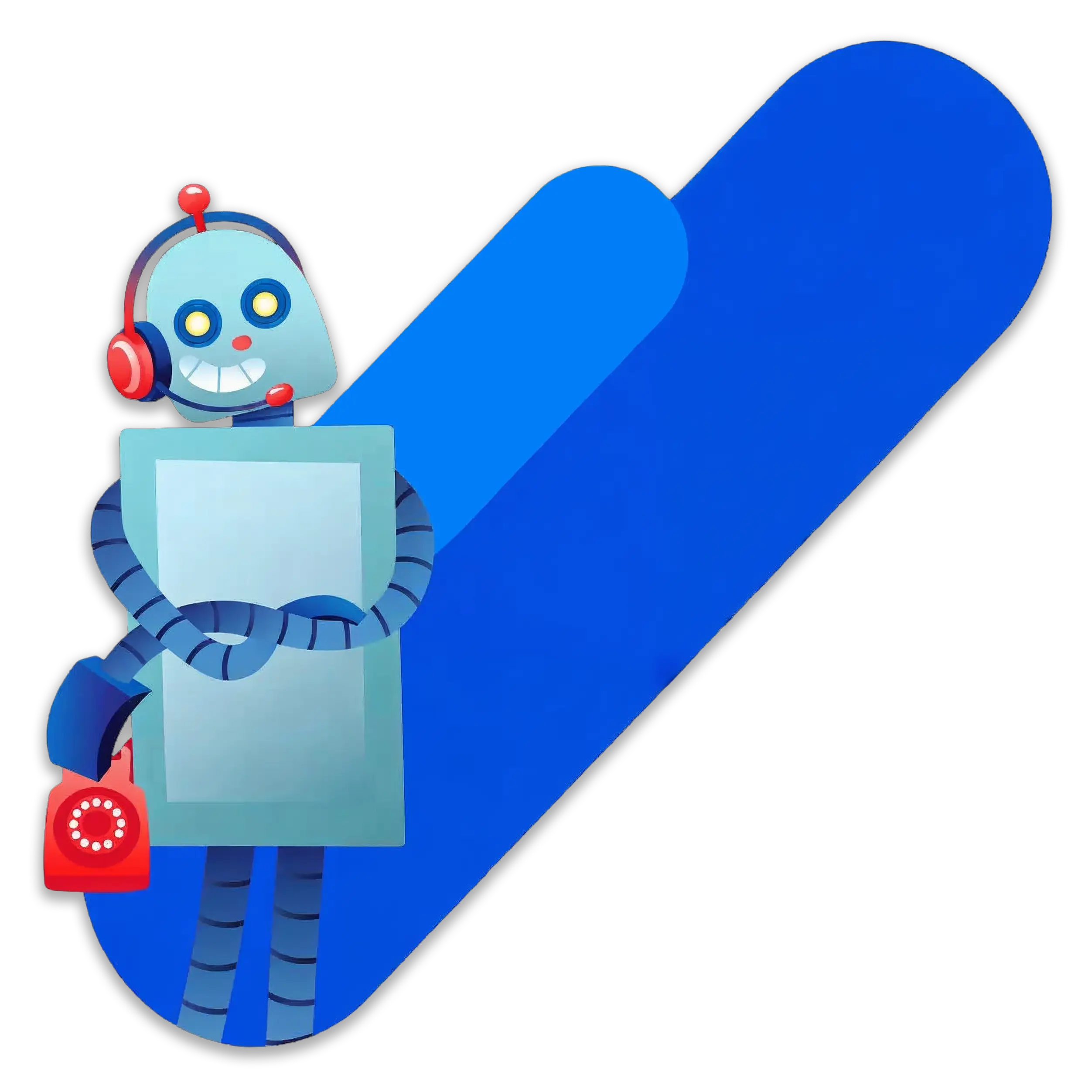 Luck the robot with shapes behind him holding aphone.