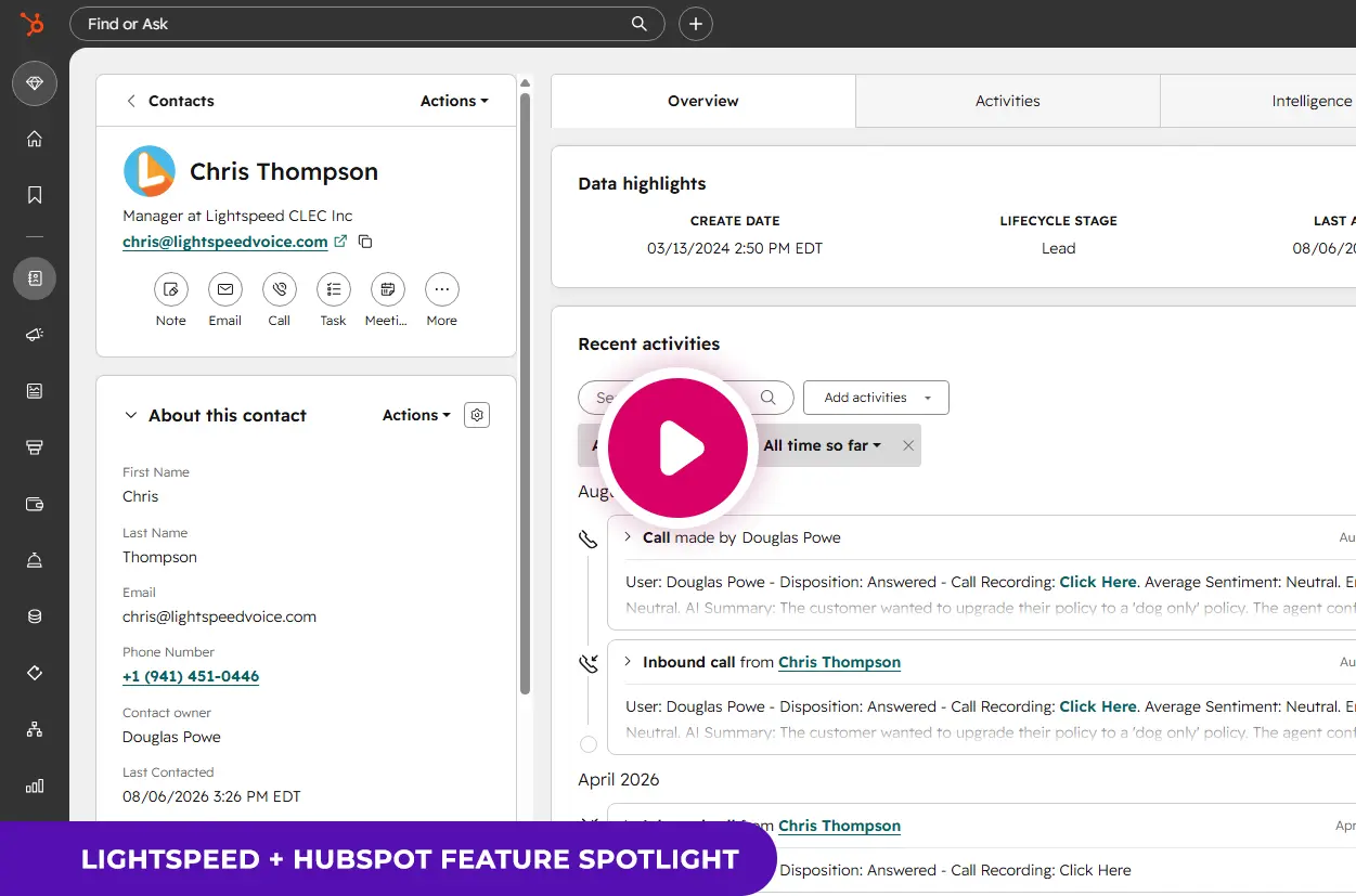 HubSpot contact record shown with Lightspeed Voice call activity and integration controls.