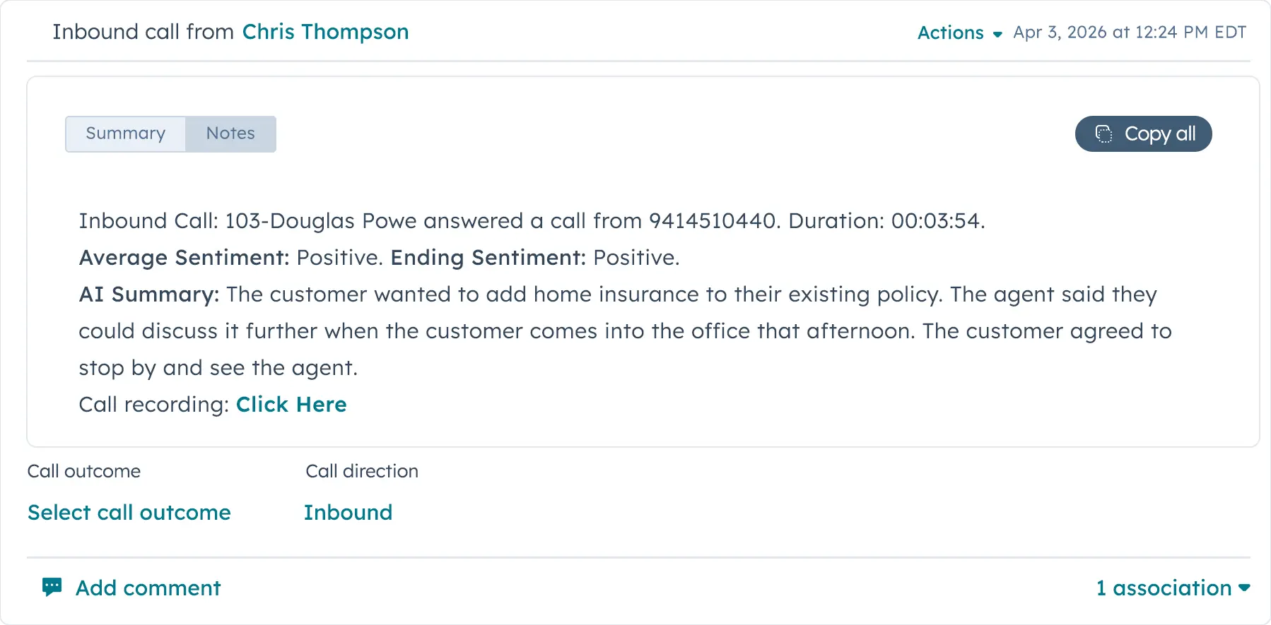 HubSpot contact record displaying customer information and matched call activity.