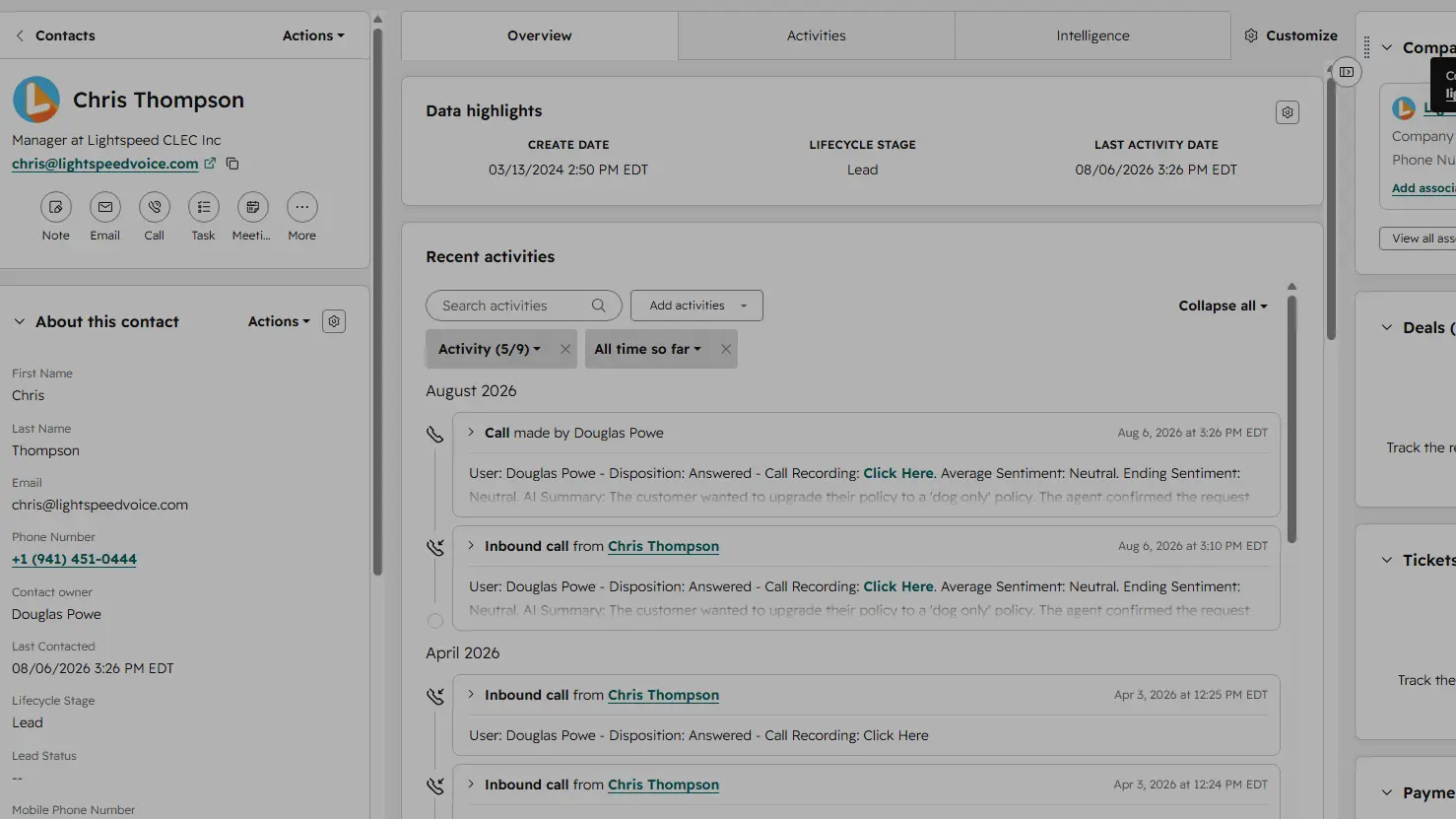Lightspeed Voice call history with a selected HubSpot-integrated customer call.