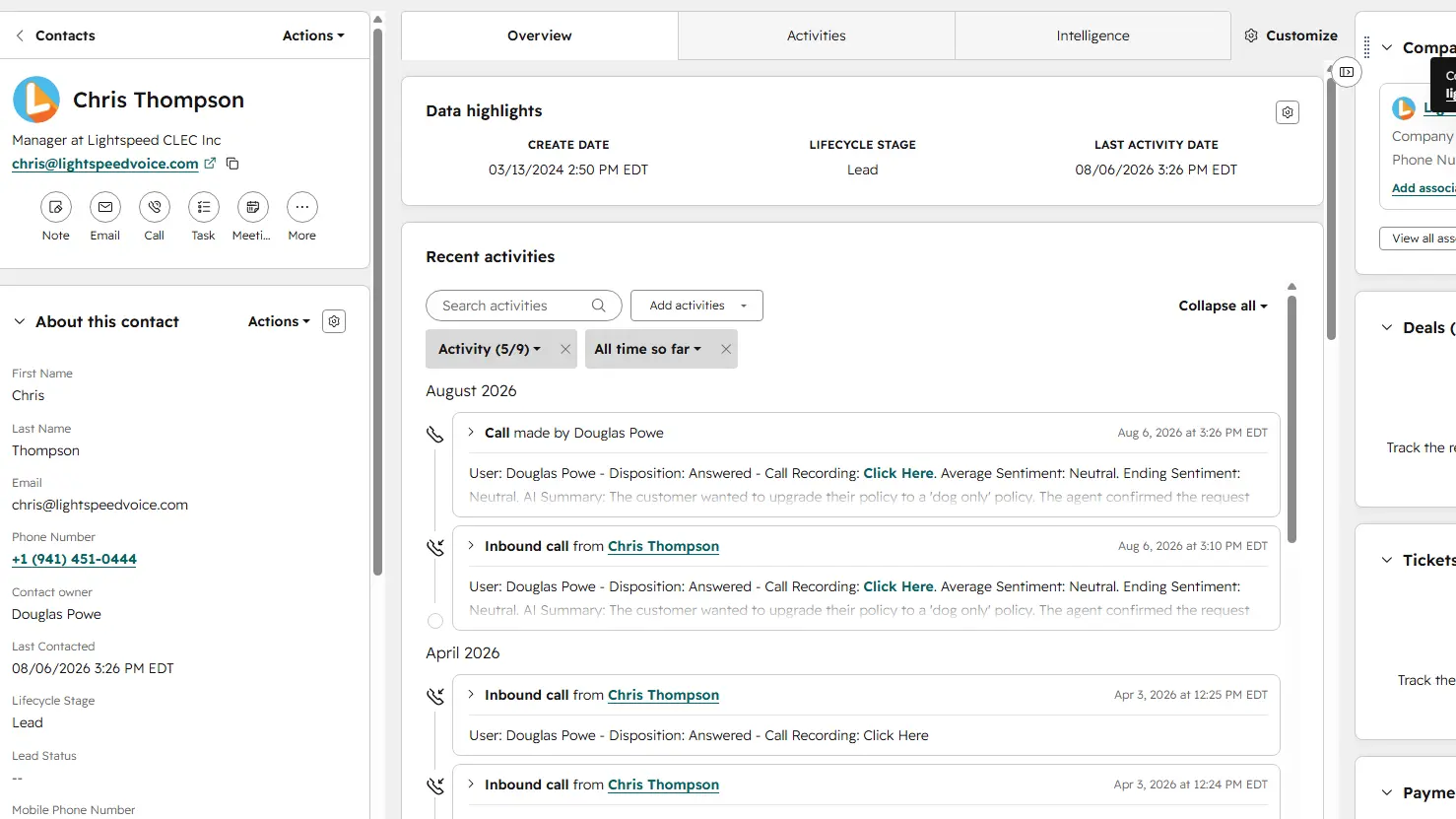 Lightspeed NOVA AI call details showing insights from a customer conversation.