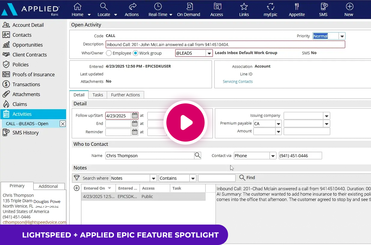 HubSpot contact record shown with Lightspeed Voice call activity and integration controls.
