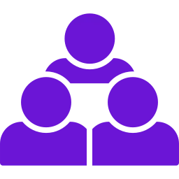 Three purple abstract human figures grouped inside a purple circle representing a team.