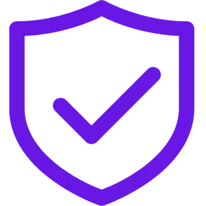 Purple shield outline with a checkmark inside symbolizing security or trust.