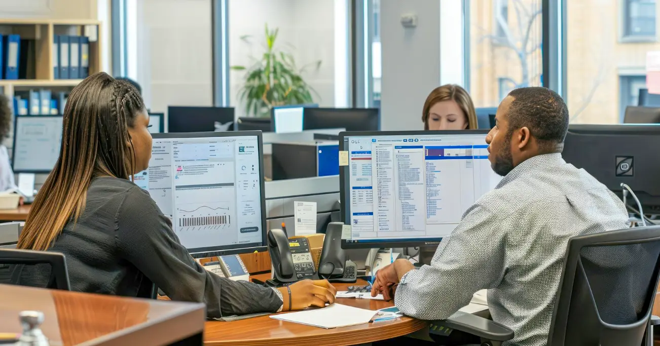 Two coworkers discussing data on their desktop monitors in an office with another employee in background.